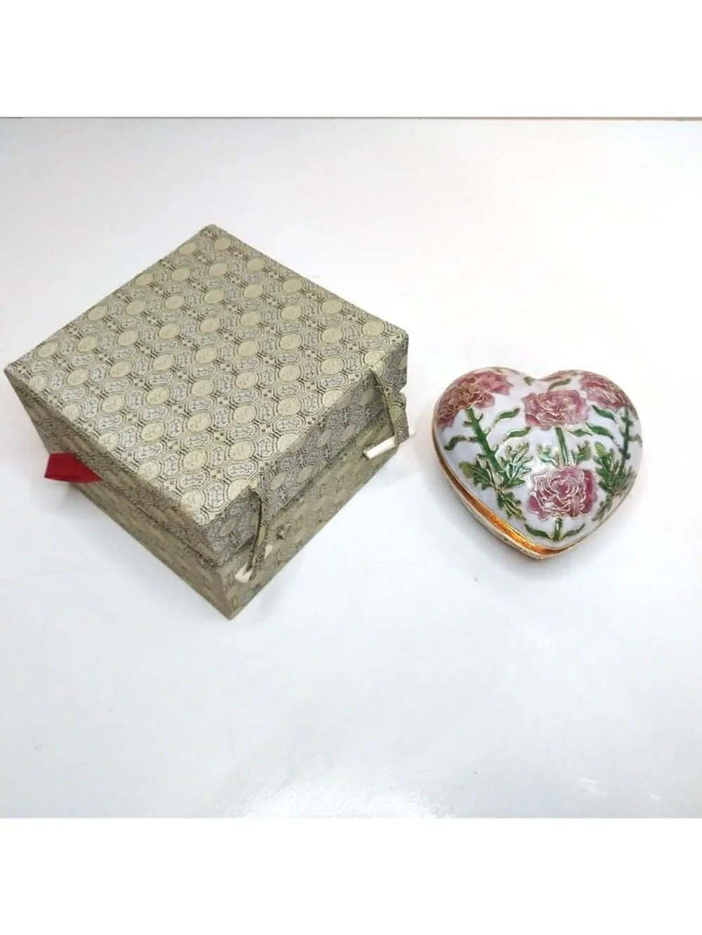 Vintage Heart-Shaped Cloisonné Enamel Trinket Box With Original Box Large